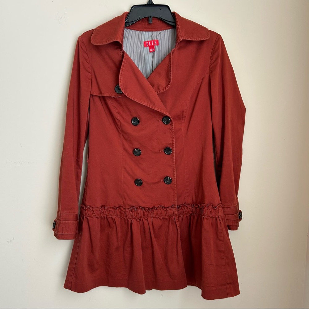 Elle Rust Double Breasted Trench Swing Coat Jacket Contemporary Spring Fall Sz S